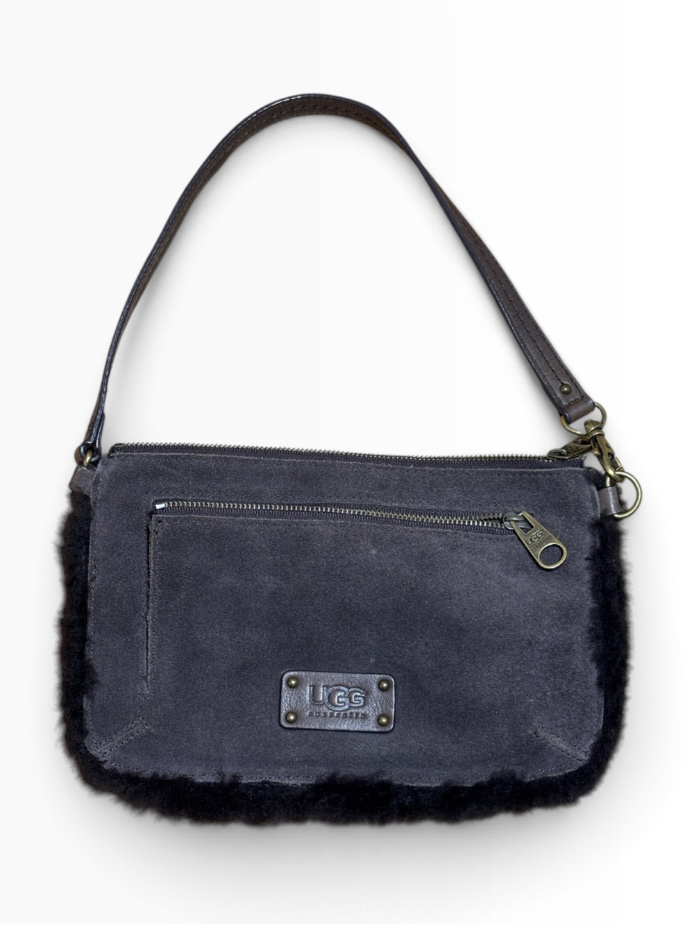 Vintage 00s Y2K UGG Australia Chocolate Brown Suede Shearling Fur Trim Mini Bag